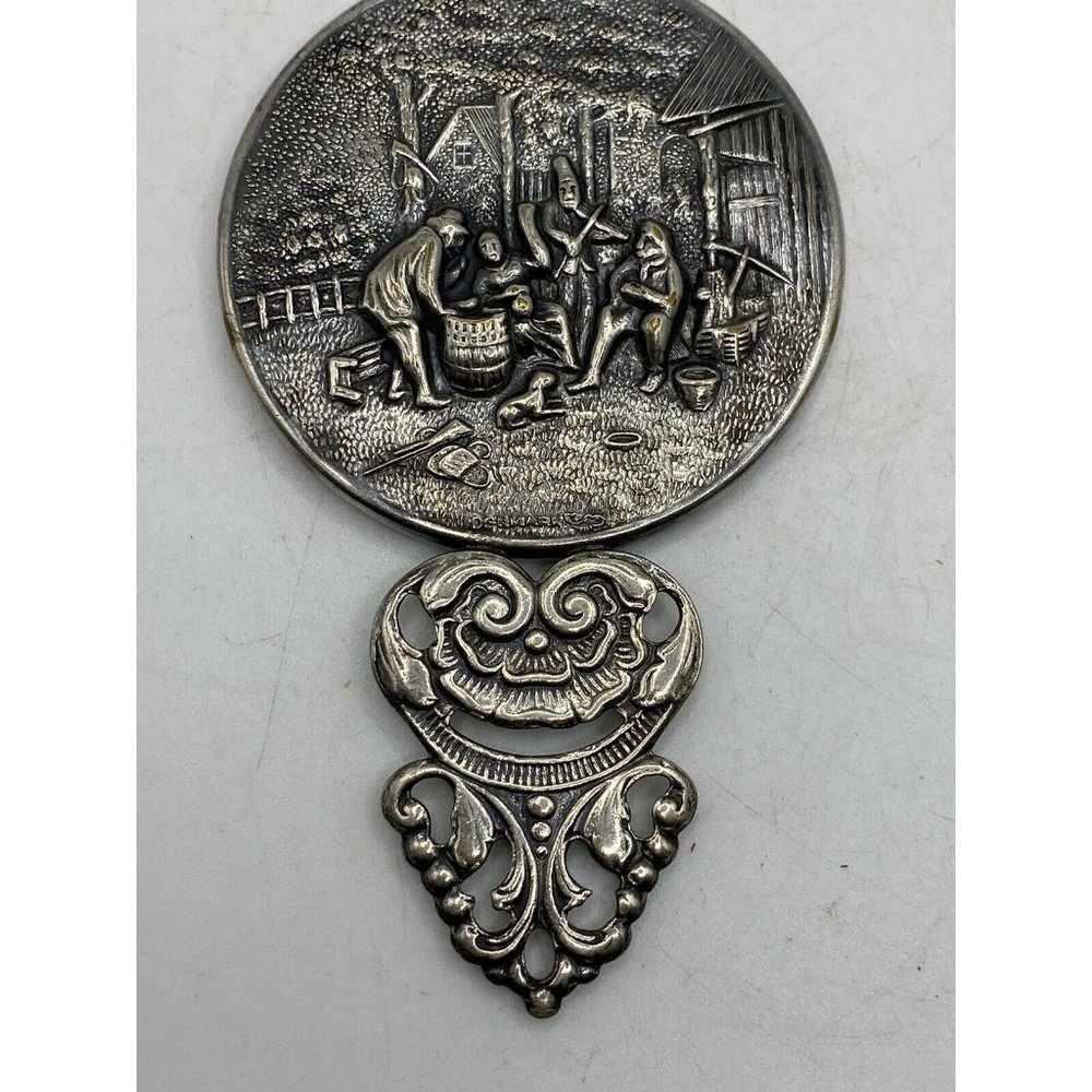 Vintage Hans Jensen Hand‎ Pocket Mirror Tavern Scene Silver Plated DENMARK